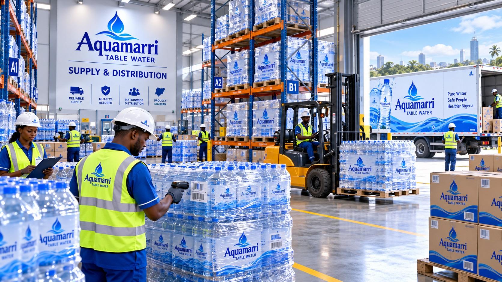 Aquamarri-branded packaged-water distribution and logistics scene